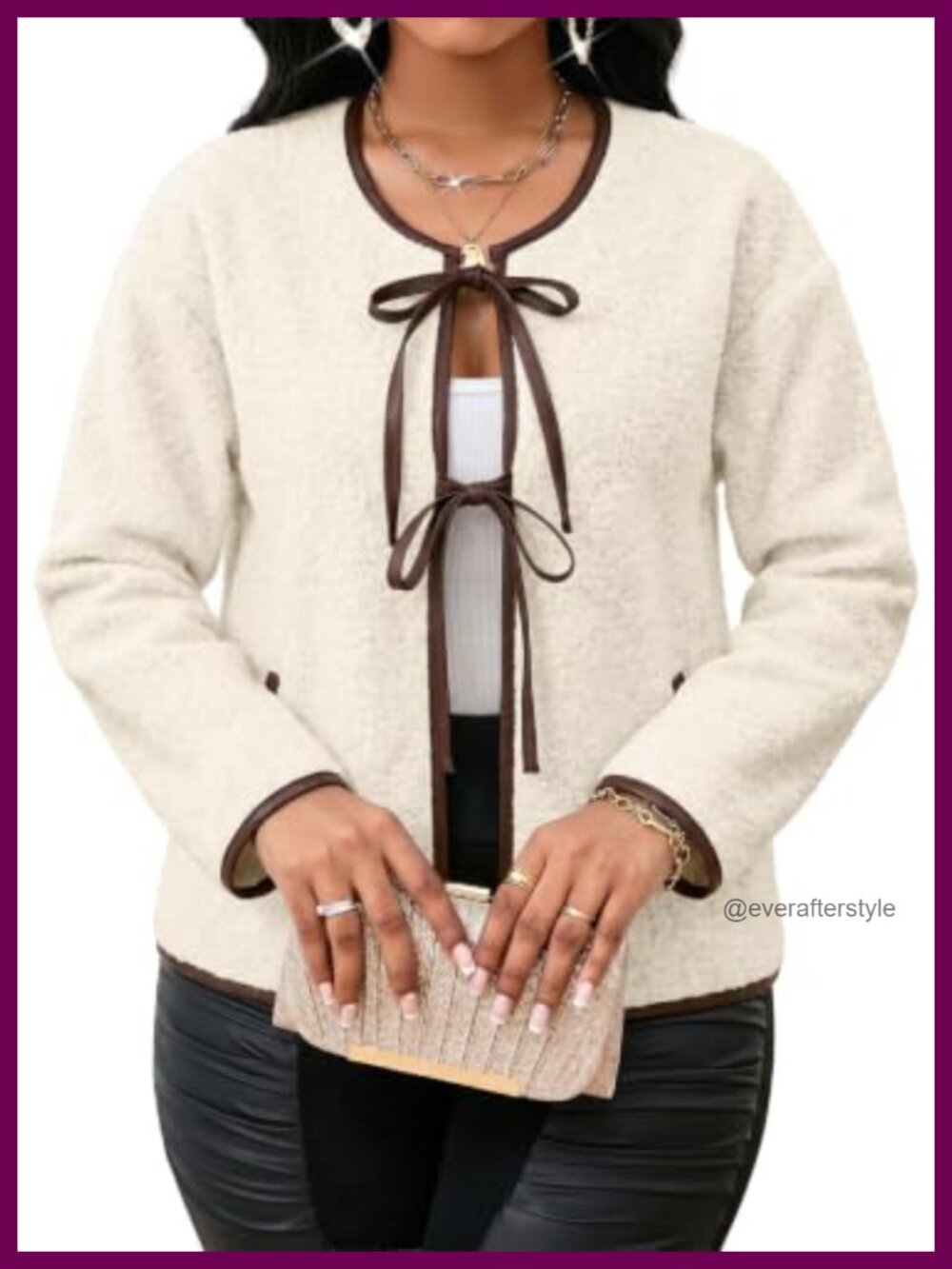 Womens Cropped Fleece Jacket Bow Tie Front Cardigan Coat Fall